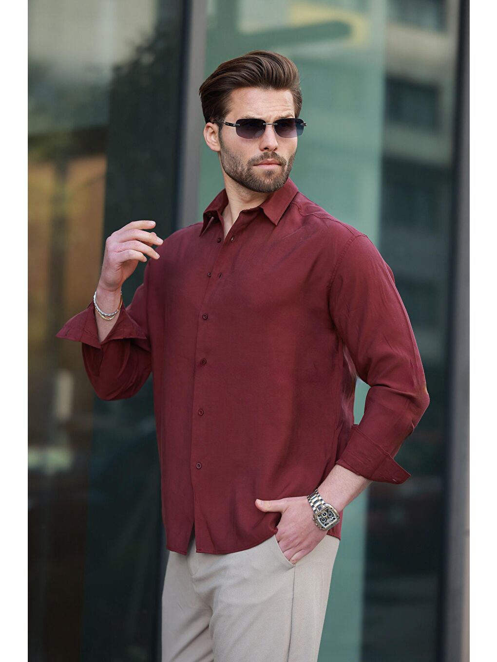 Bordo Basic Uzun Kollu Erkek Gömlek E6762-2