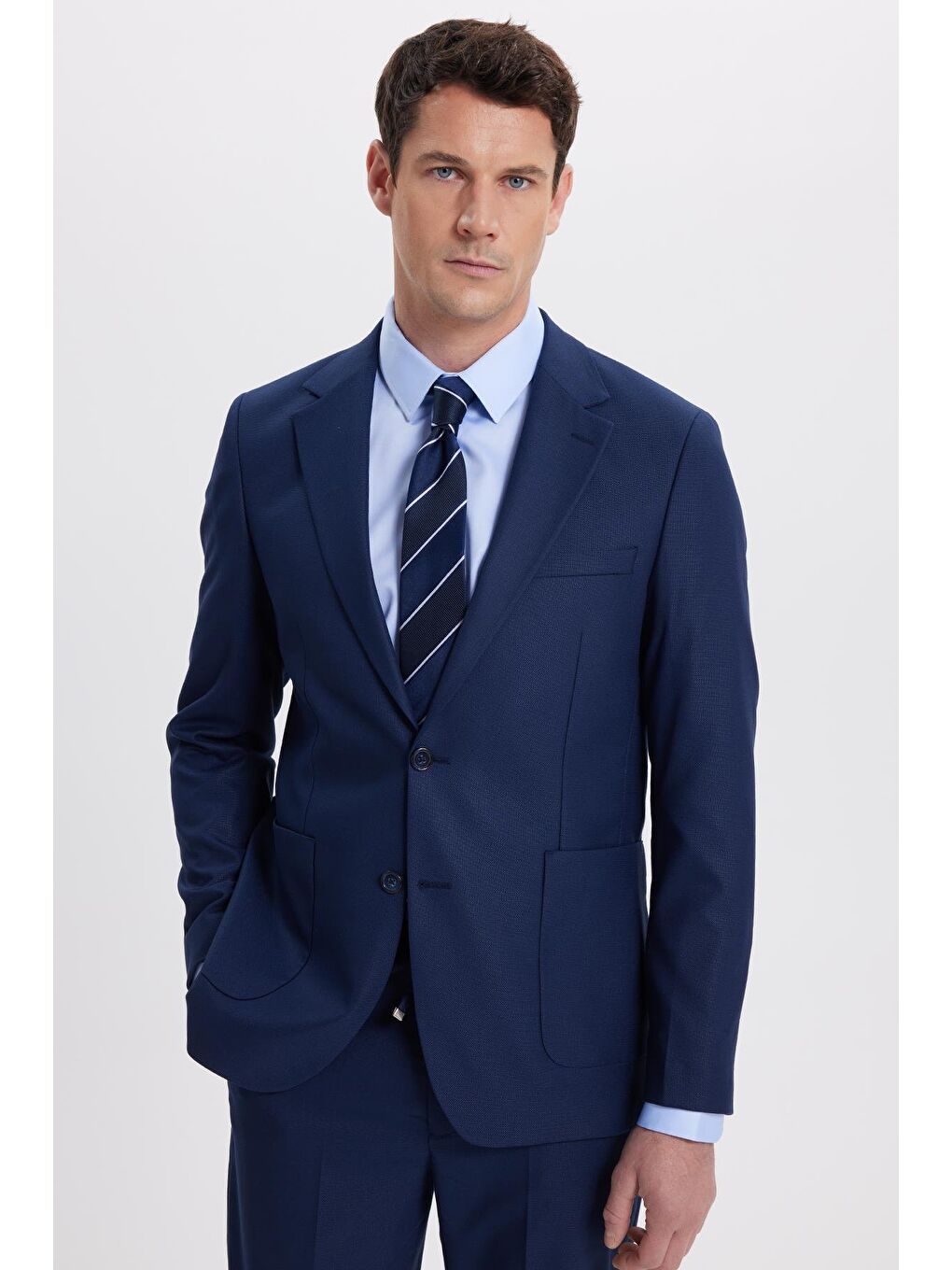 Erkek Regular Fit Koyu Lacivert Mono Yaka Beli Bağcıklı Torba Cepli Takım Elbise-4