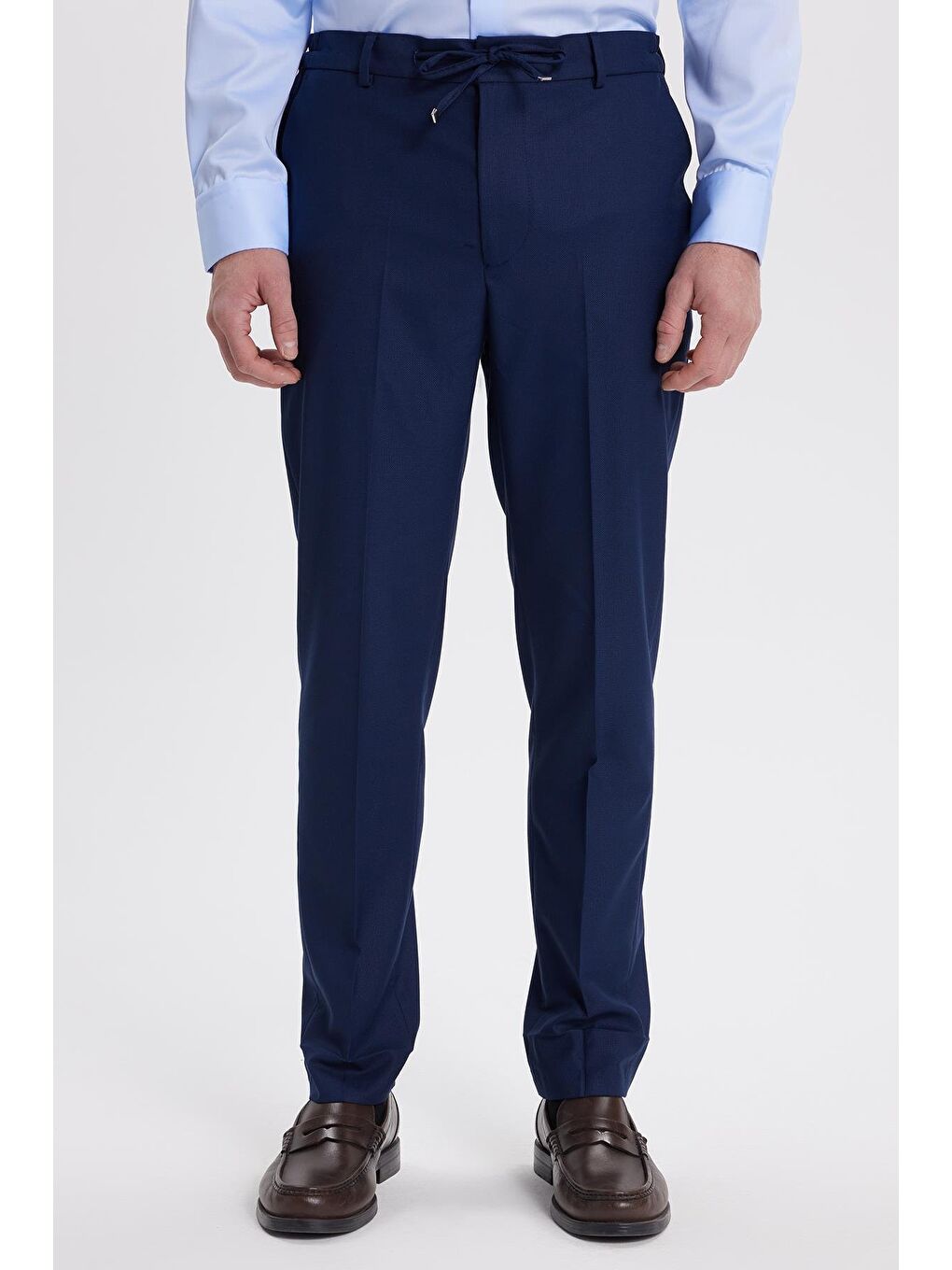 Erkek Regular Fit Koyu Lacivert Mono Yaka Beli Bağcıklı Torba Cepli Takım Elbise-6
