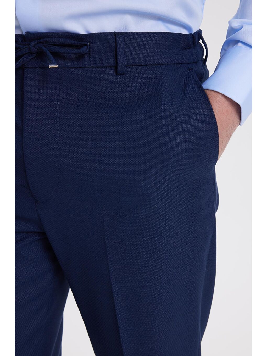 Erkek Regular Fit Koyu Lacivert Mono Yaka Beli Bağcıklı Torba Cepli Takım Elbise-7