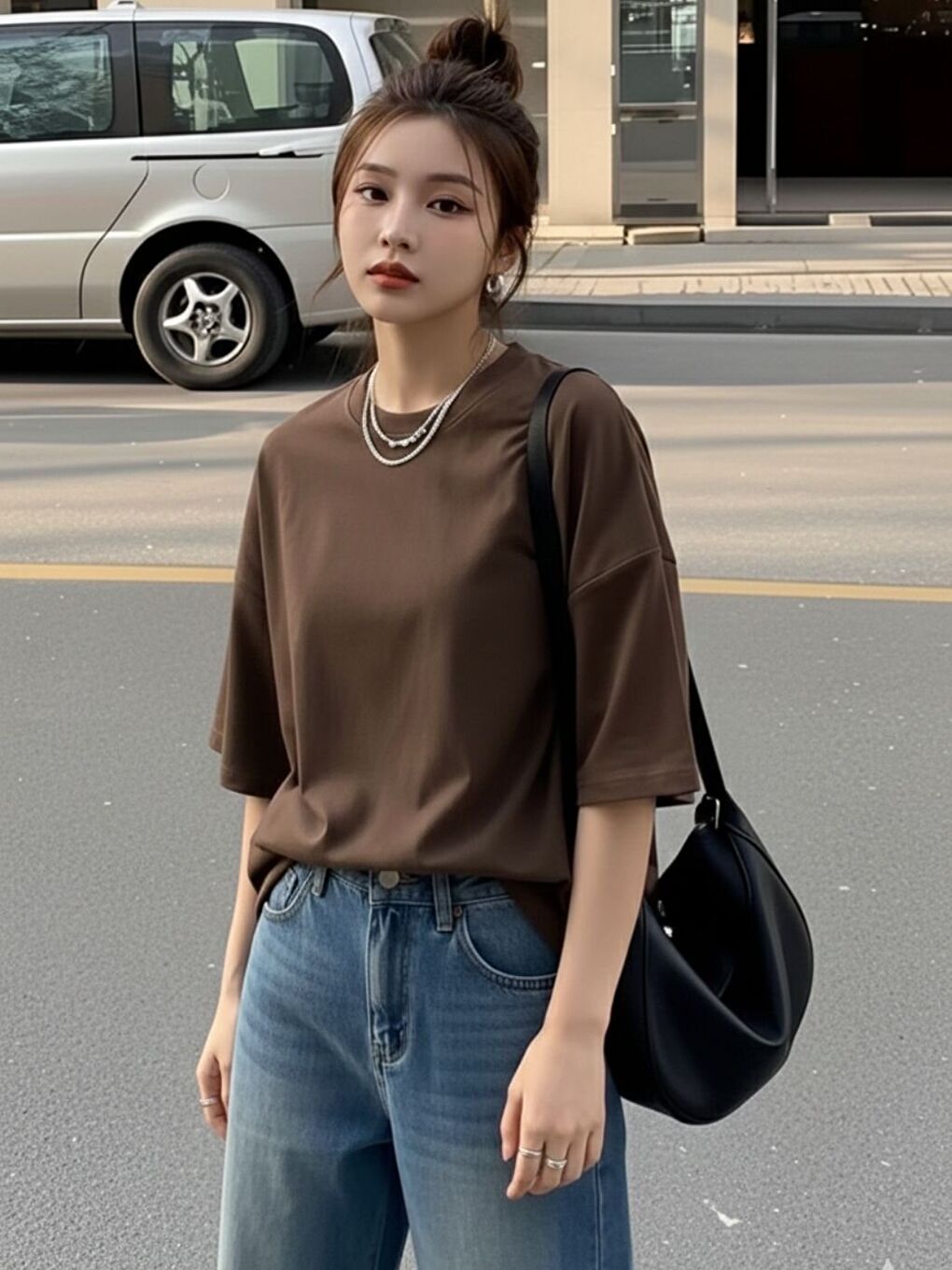 Kadın Kahverengi War Baskılı Tişört-1