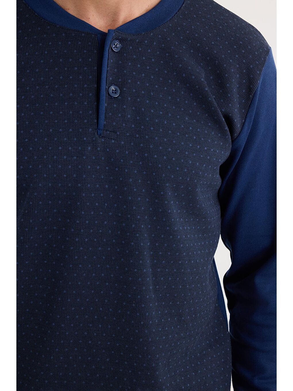 Erkek Regular Fit Pamuklu Düğmeli Yaka Beli Lastikli Desenli İndigo Pijama Takımı-2