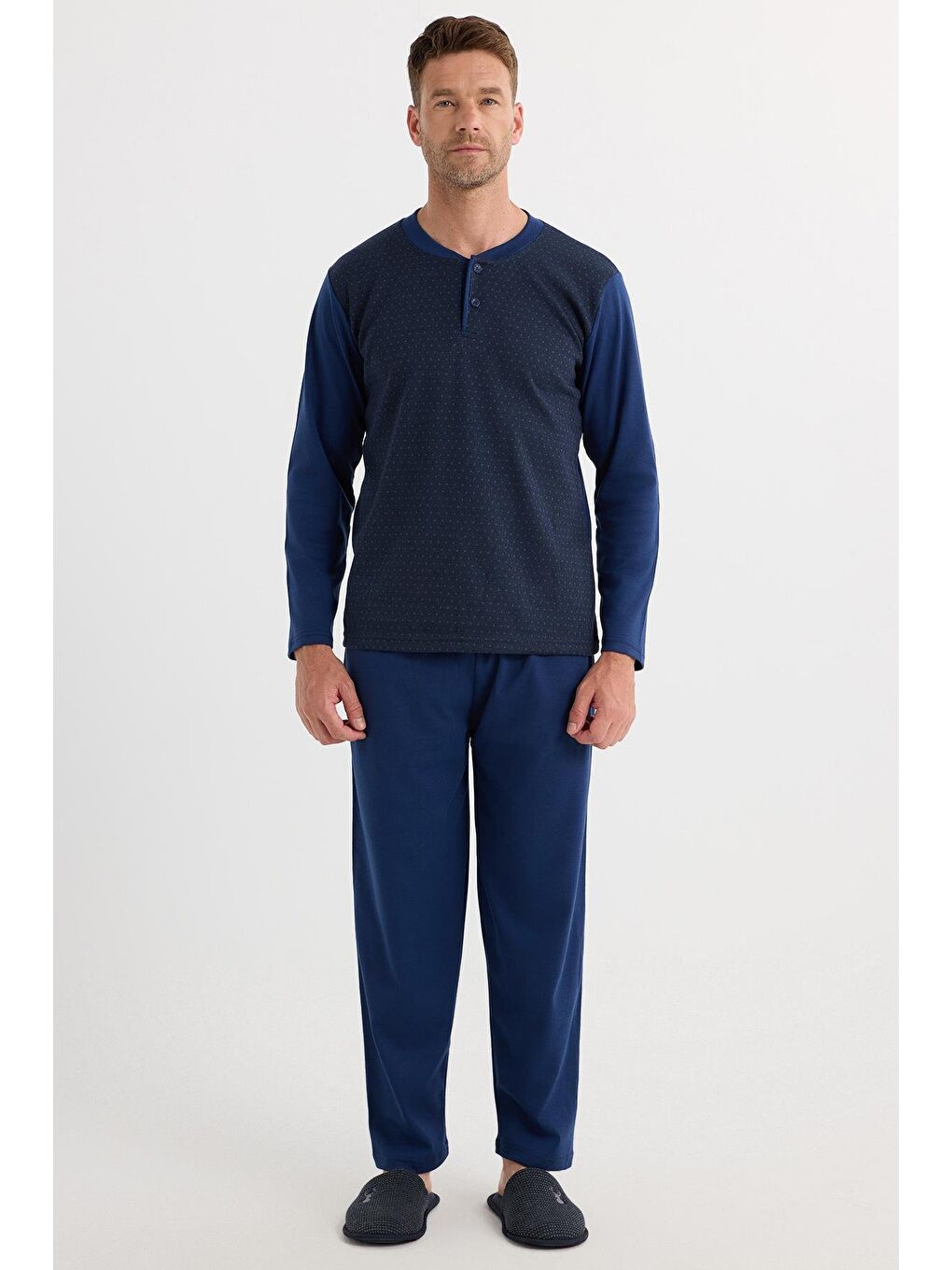 Erkek Regular Fit Pamuklu Düğmeli Yaka Beli Lastikli Desenli İndigo Pijama Takımı-3