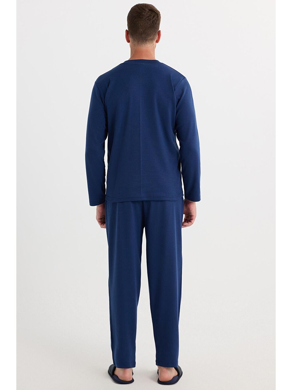 Erkek Regular Fit Pamuklu Düğmeli Yaka Beli Lastikli Desenli İndigo Pijama Takımı-4
