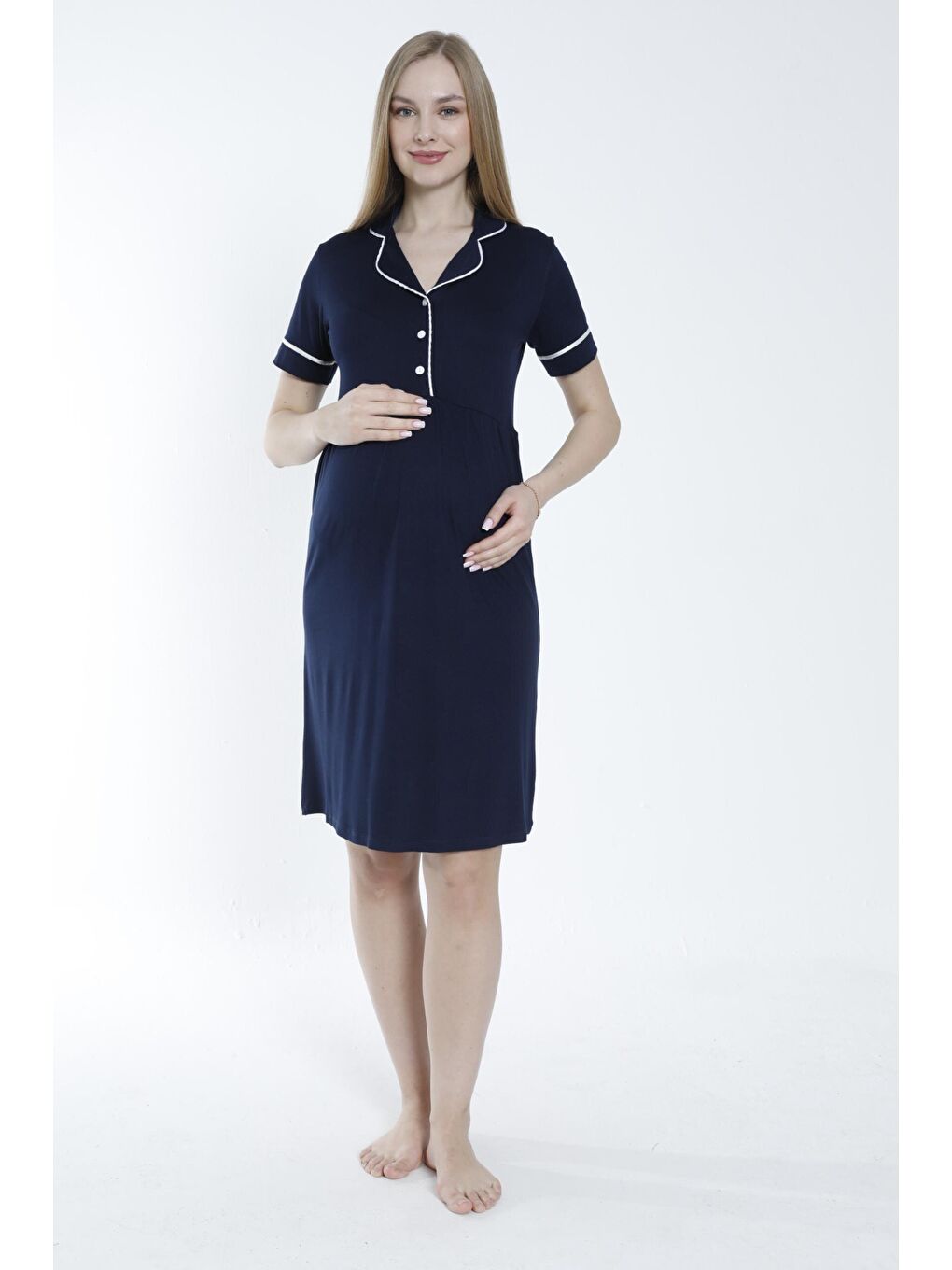 Lacivert Düğmeli Şerit Detaylı Hamile ve Lohusa Gecelik