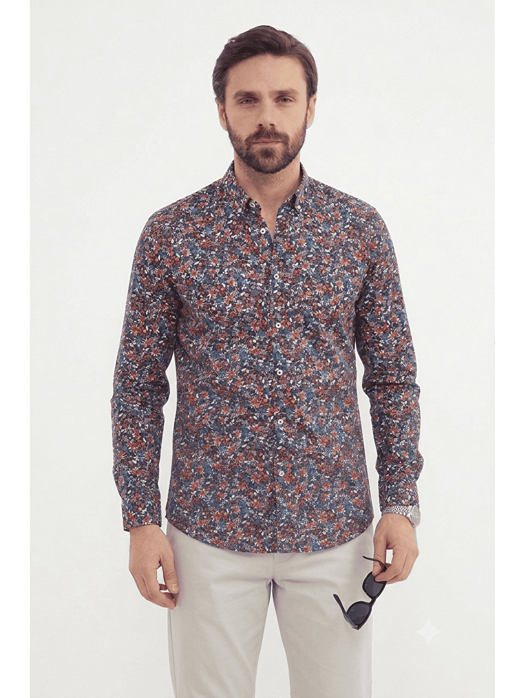 İndigo Çiçek Desenli Regular Fit Gömlek