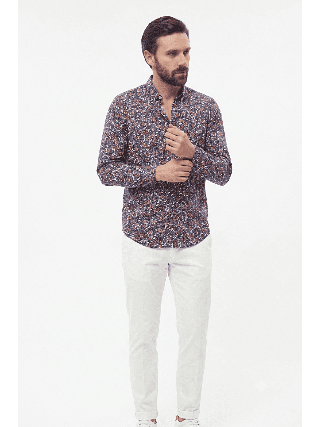 İndigo Çiçek Desenli Regular Fit Gömlek-1