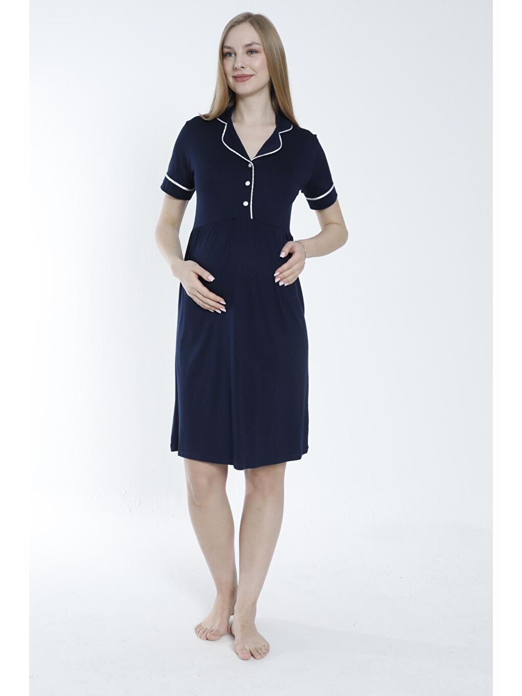 Lacivert Düğmeli Şerit Detaylı Hamile ve Lohusa Gecelik-1