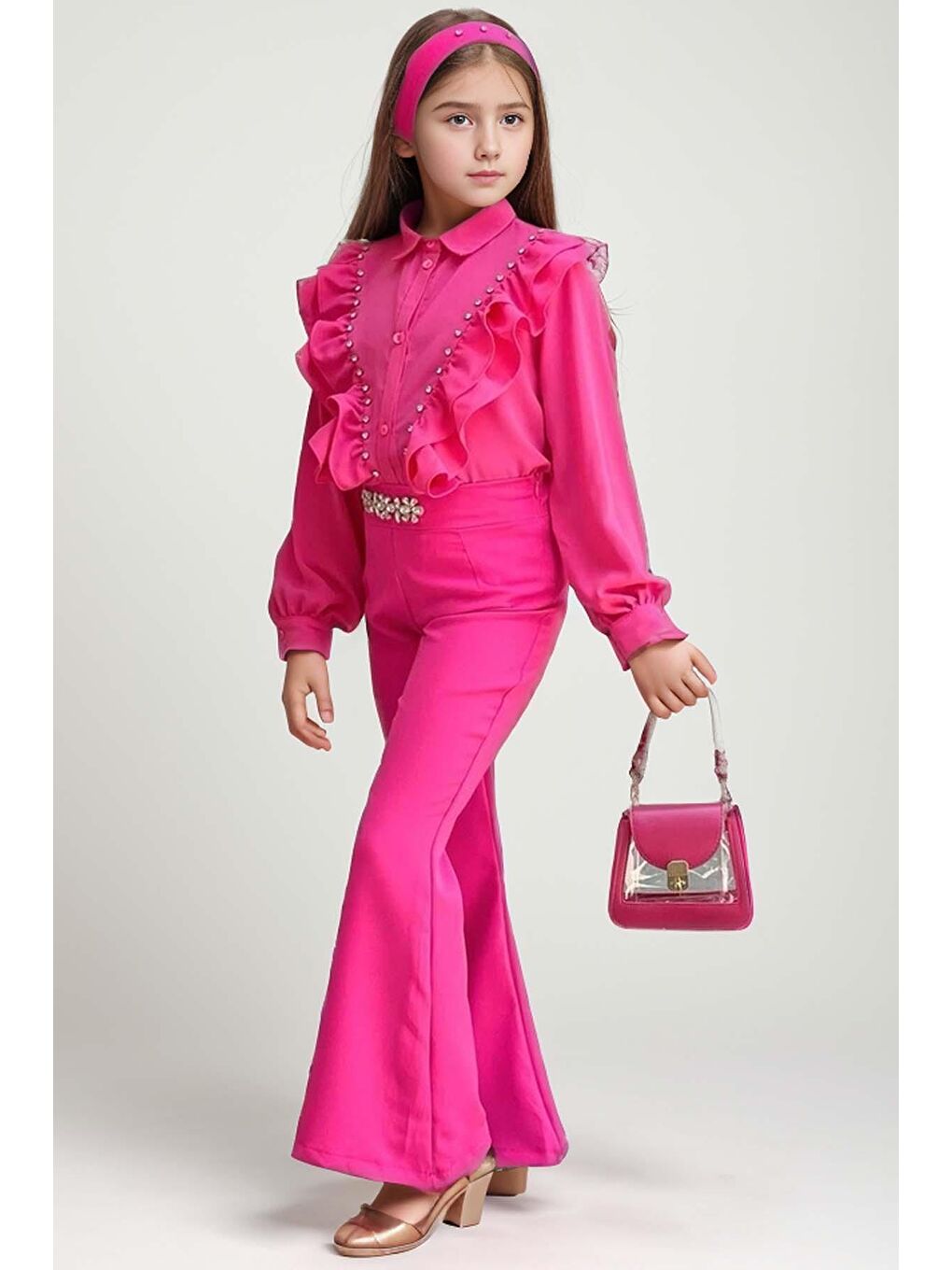 Fuşya Kız Çocuk Omuzdan Taş ve Fırfırlı Gömlek Beli Taş İşlemeli İspanyol Paça Fuchsia Alt Üst Takım