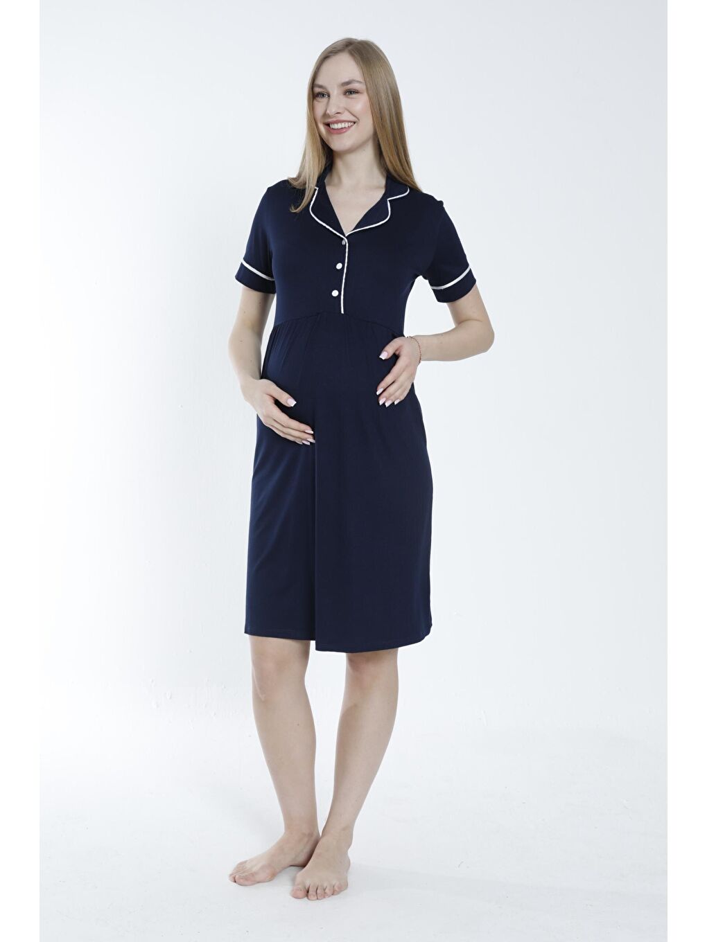 Lacivert Düğmeli Şerit Detaylı Hamile ve Lohusa Gecelik-2