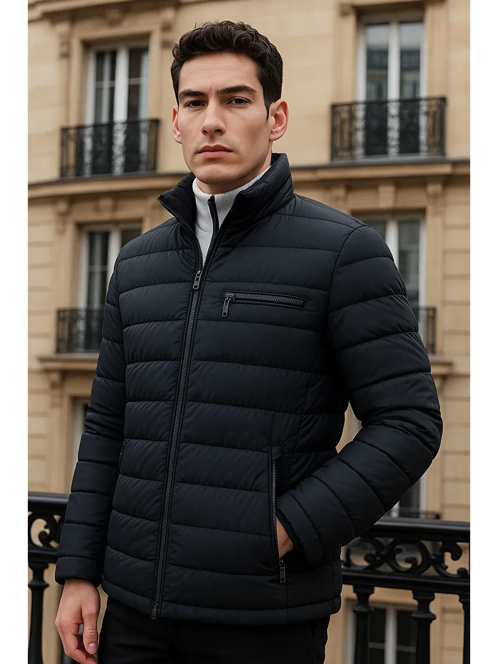 Erkek Trend Basic Dik Yaka Kışlık Lacivert Şişme Mont-1