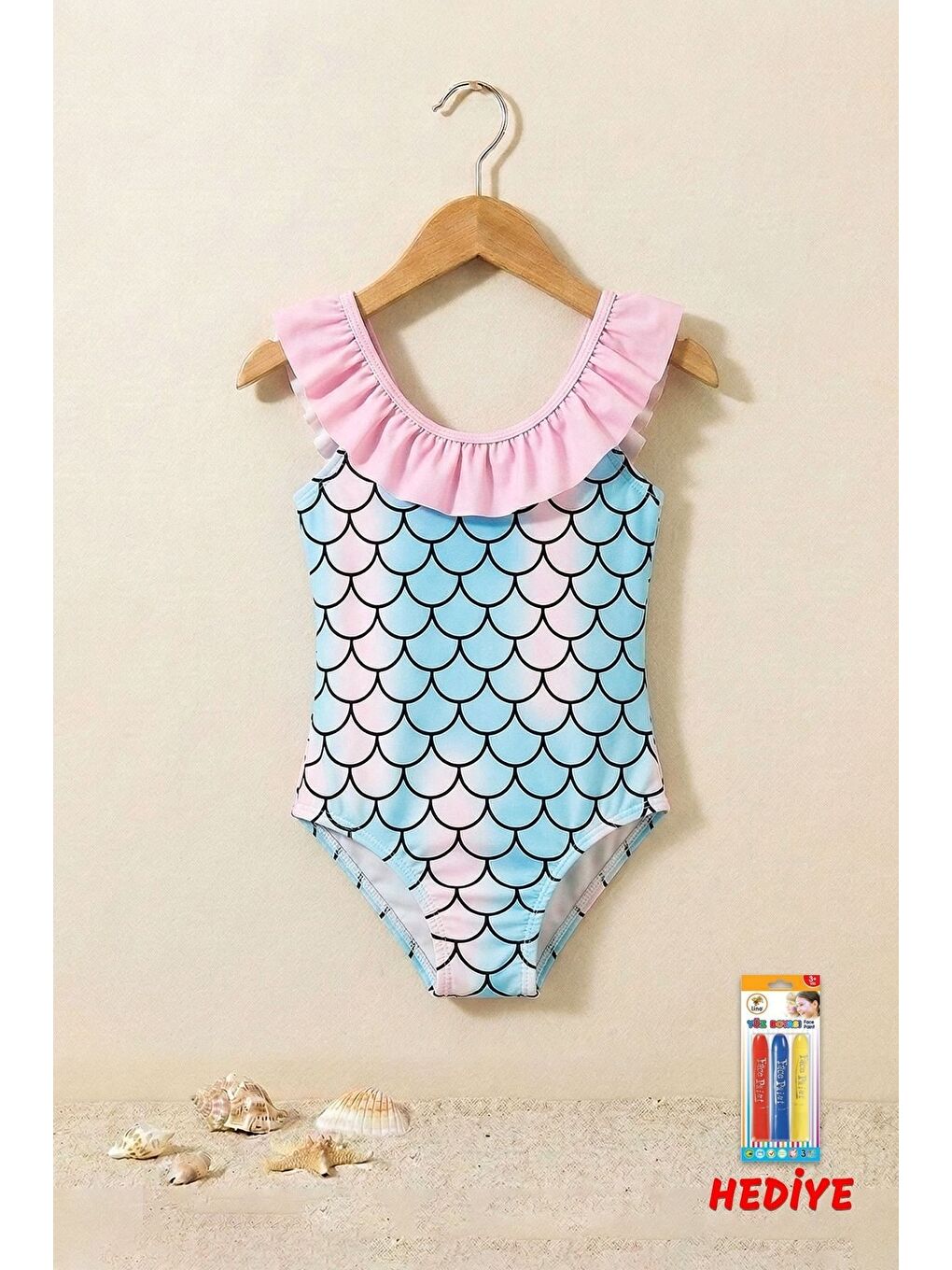 Mavi Kız Çocuk Mermaid Desenli Fırfırlı Mayo