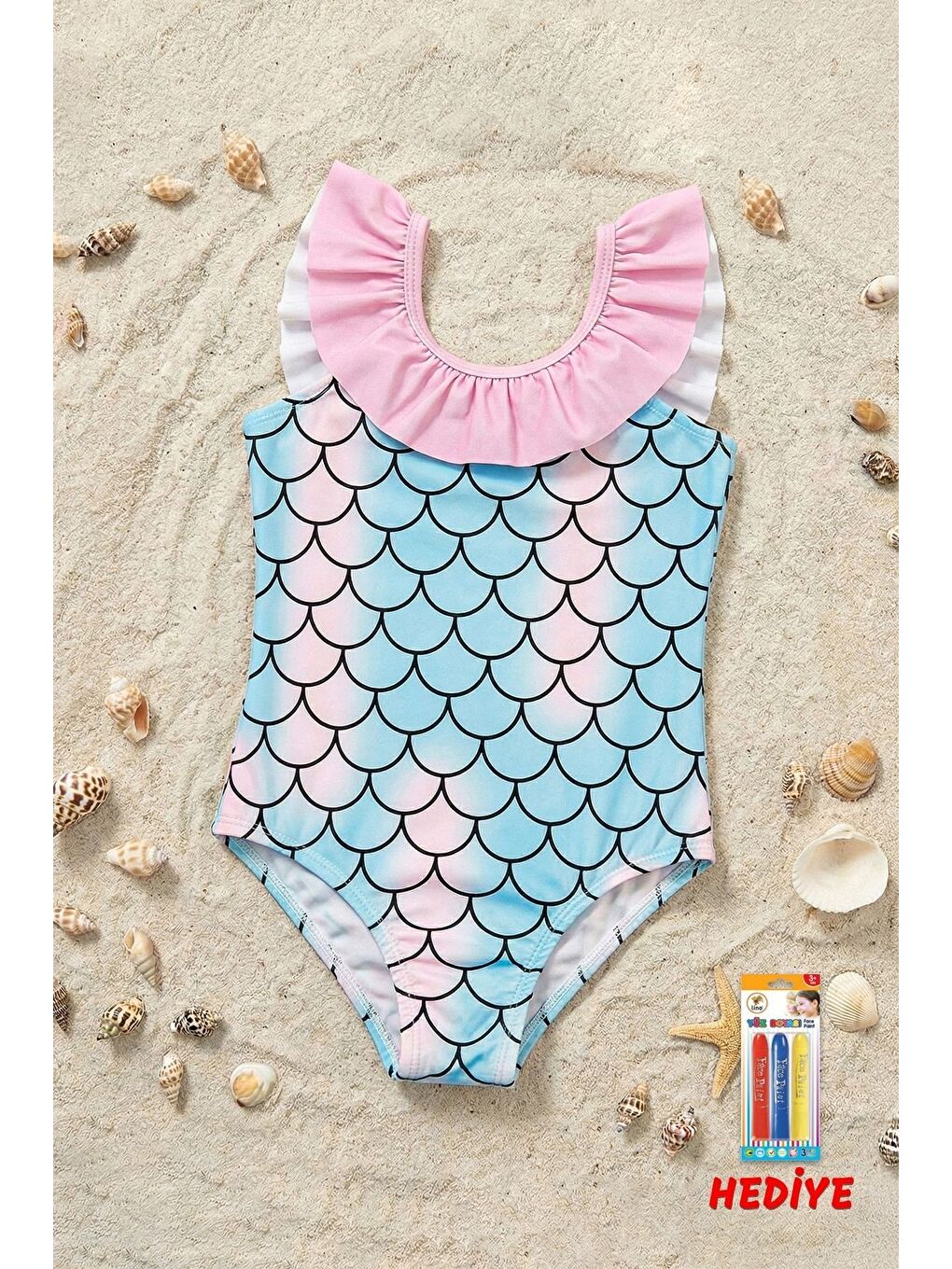 Mavi Kız Çocuk Mermaid Desenli Fırfırlı Mayo-1