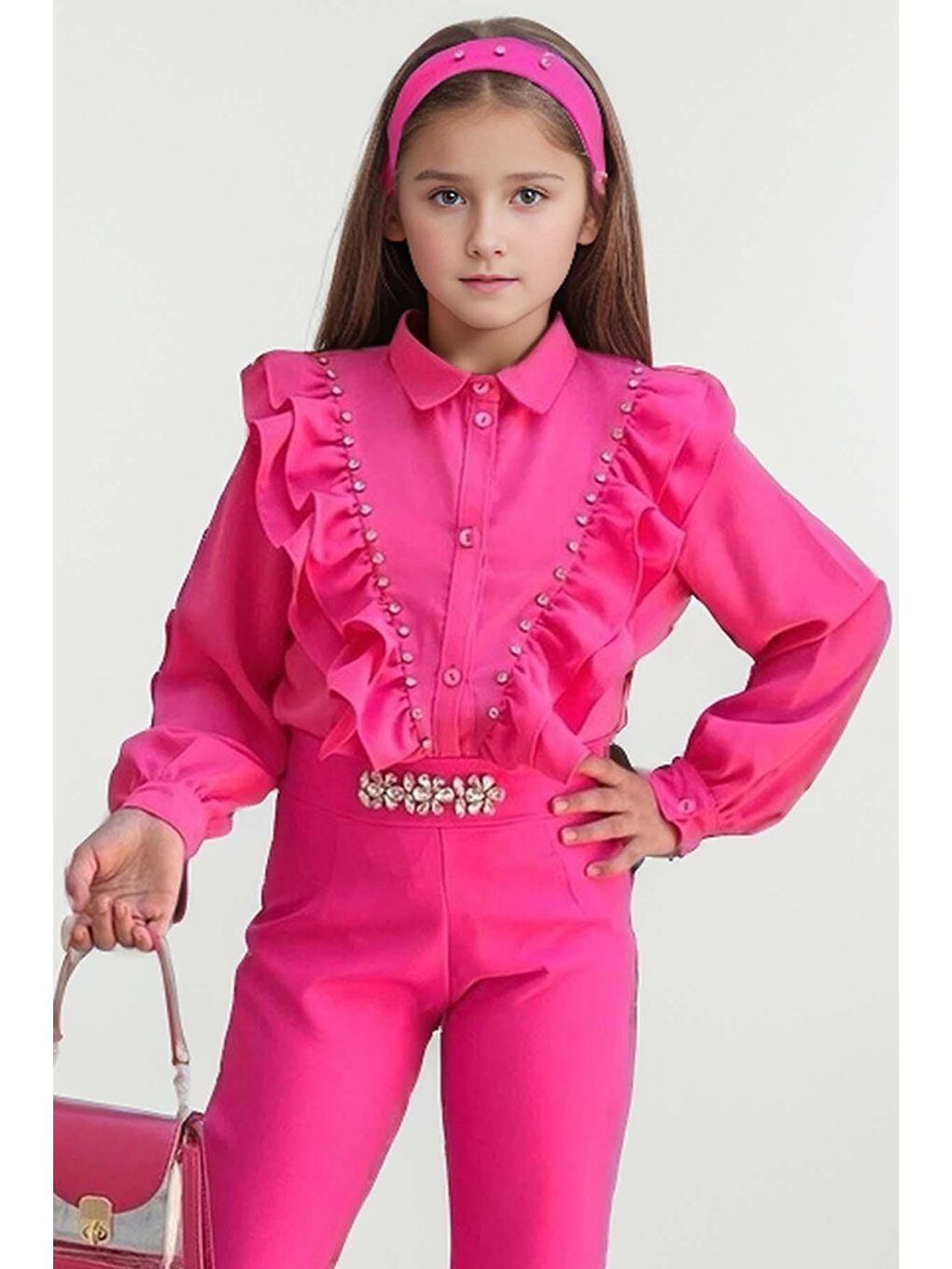 Fuşya Kız Çocuk Omuzdan Taş ve Fırfırlı Gömlek Beli Taş İşlemeli İspanyol Paça Fuchsia Alt Üst Takım-1