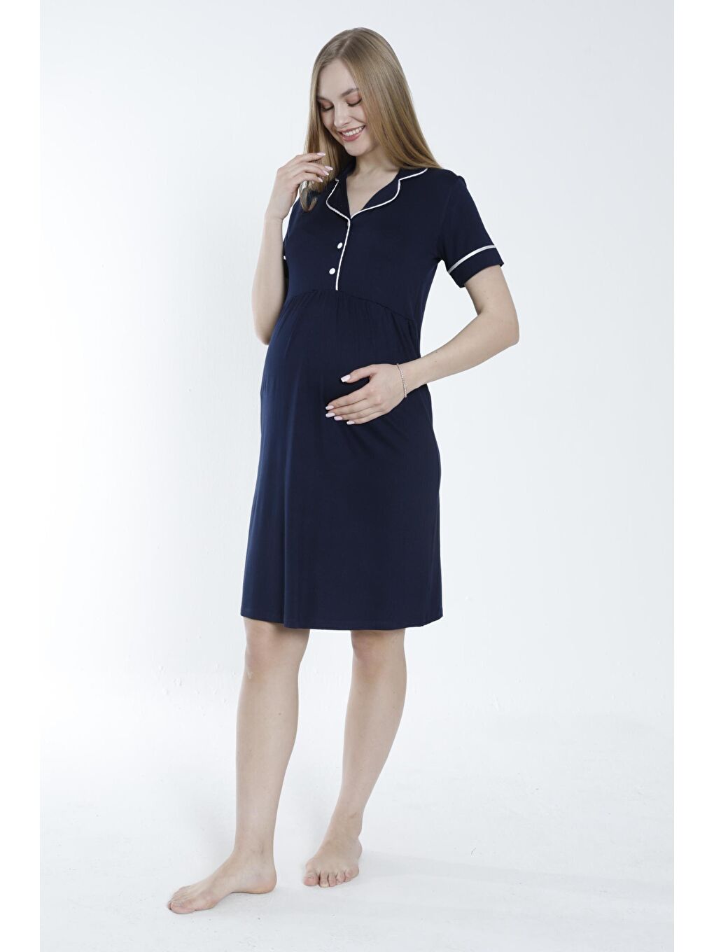 Lacivert Düğmeli Şerit Detaylı Hamile ve Lohusa Gecelik-3