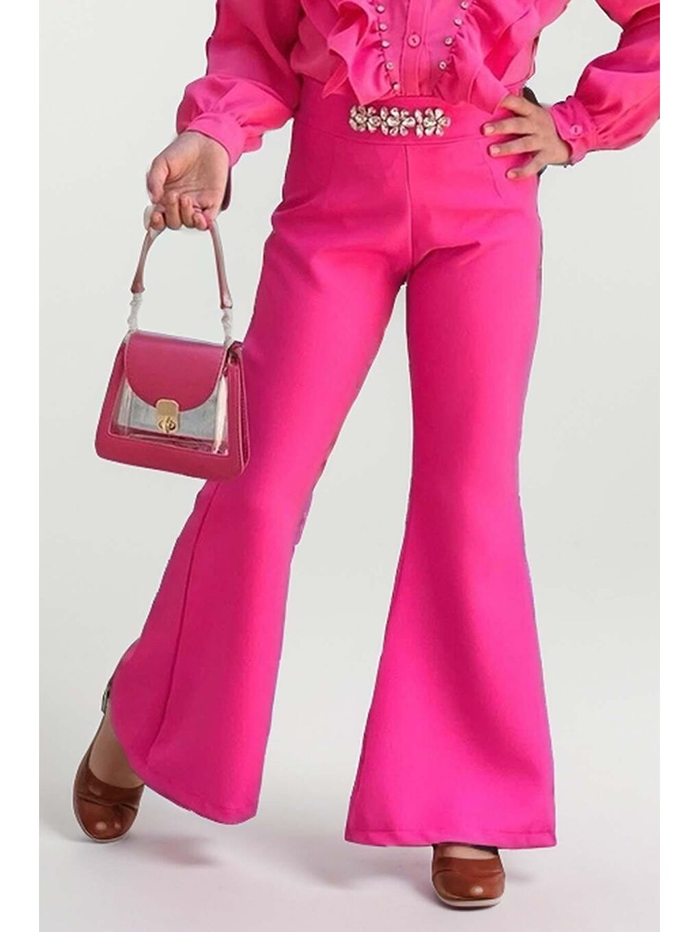 Fuşya Kız Çocuk Omuzdan Taş ve Fırfırlı Gömlek Beli Taş İşlemeli İspanyol Paça Fuchsia Alt Üst Takım-2