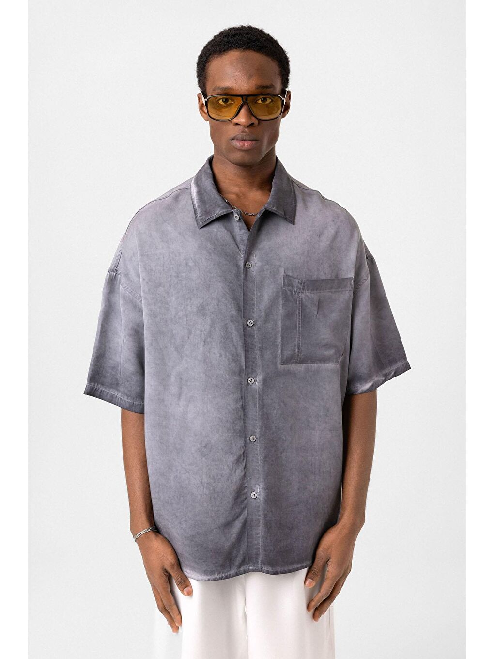 Yıkamalı Kısa Kollu Oversize Gömlek Gri-2