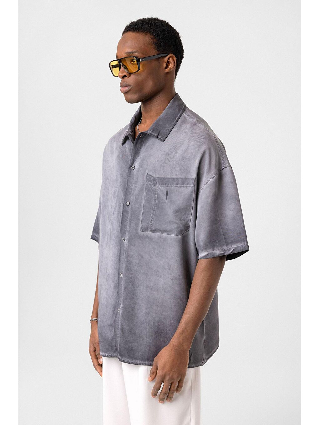 Yıkamalı Kısa Kollu Oversize Gömlek Gri-3