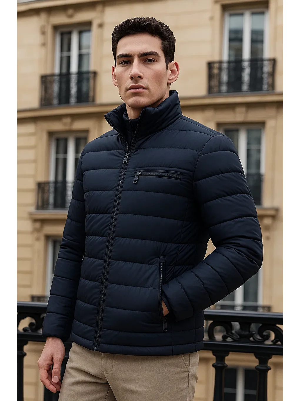 Erkek Trend Basic Dik Yaka Kışlık Lacivert Şişme Mont-3