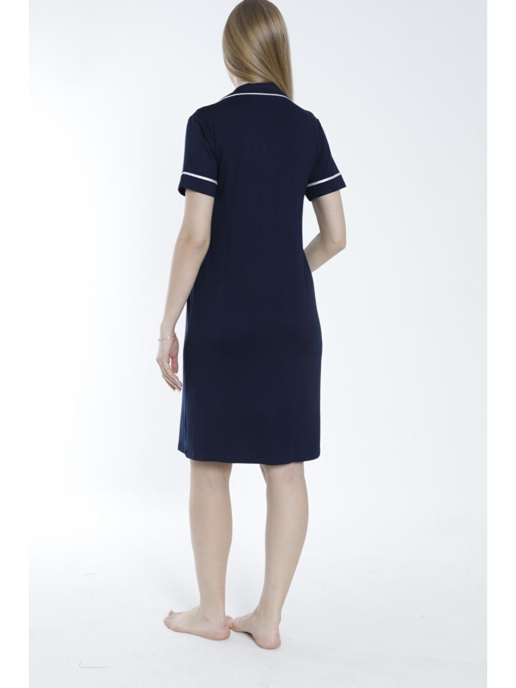 Lacivert Düğmeli Şerit Detaylı Hamile ve Lohusa Gecelik-4