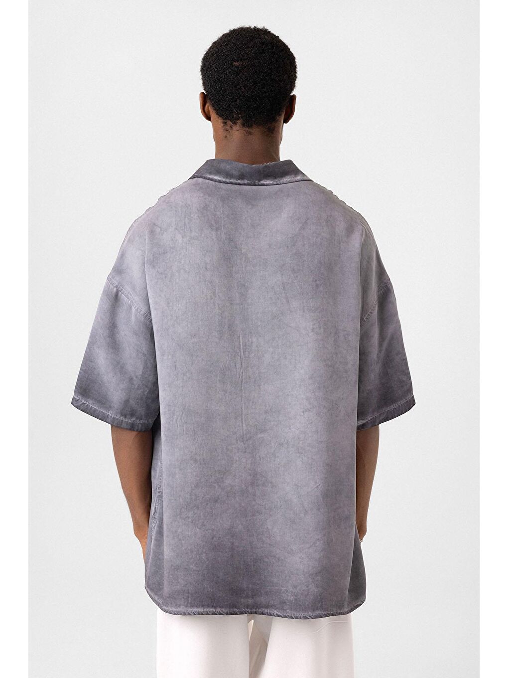 Yıkamalı Kısa Kollu Oversize Gömlek Gri-4