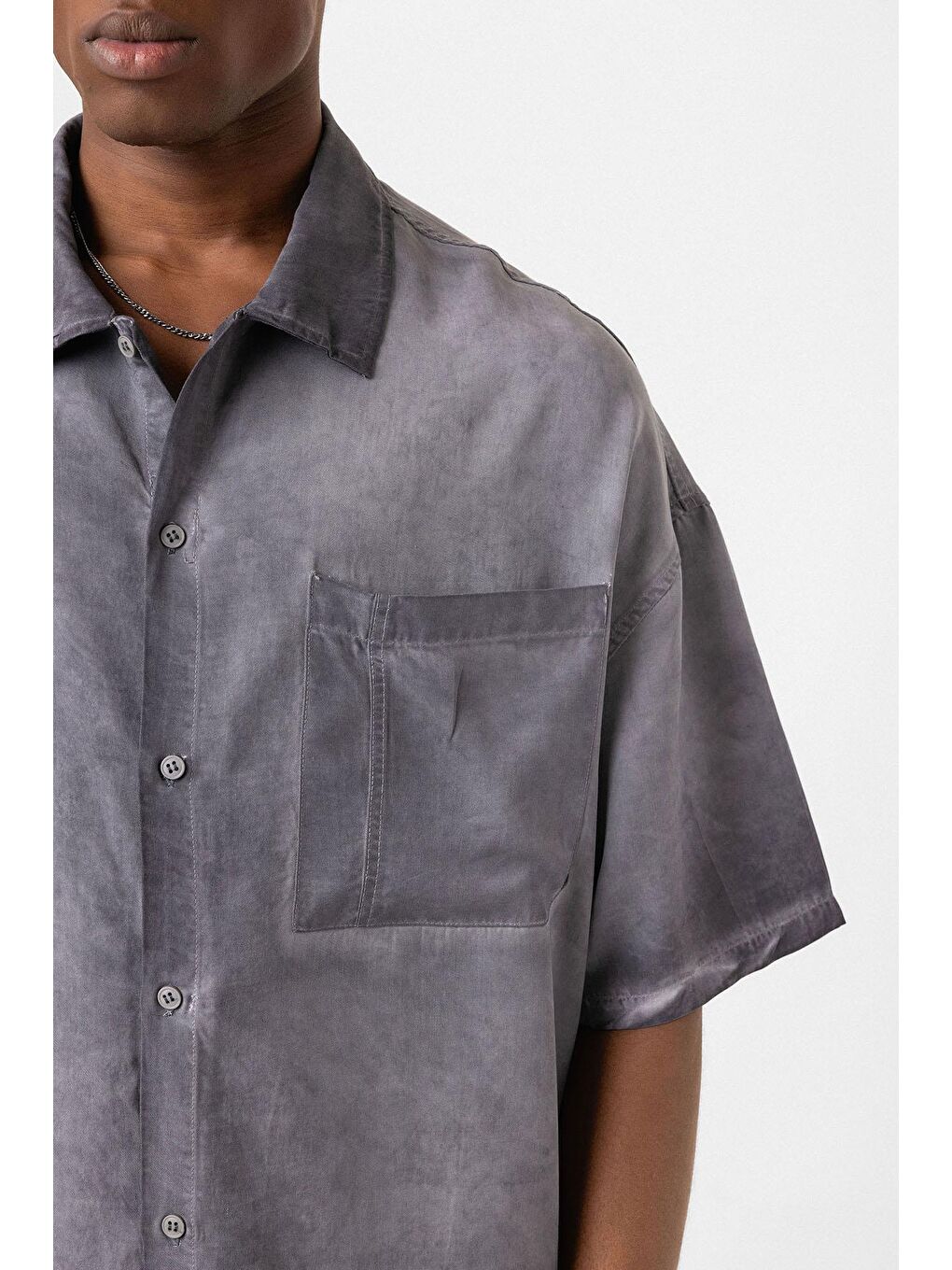 Yıkamalı Kısa Kollu Oversize Gömlek Gri-5