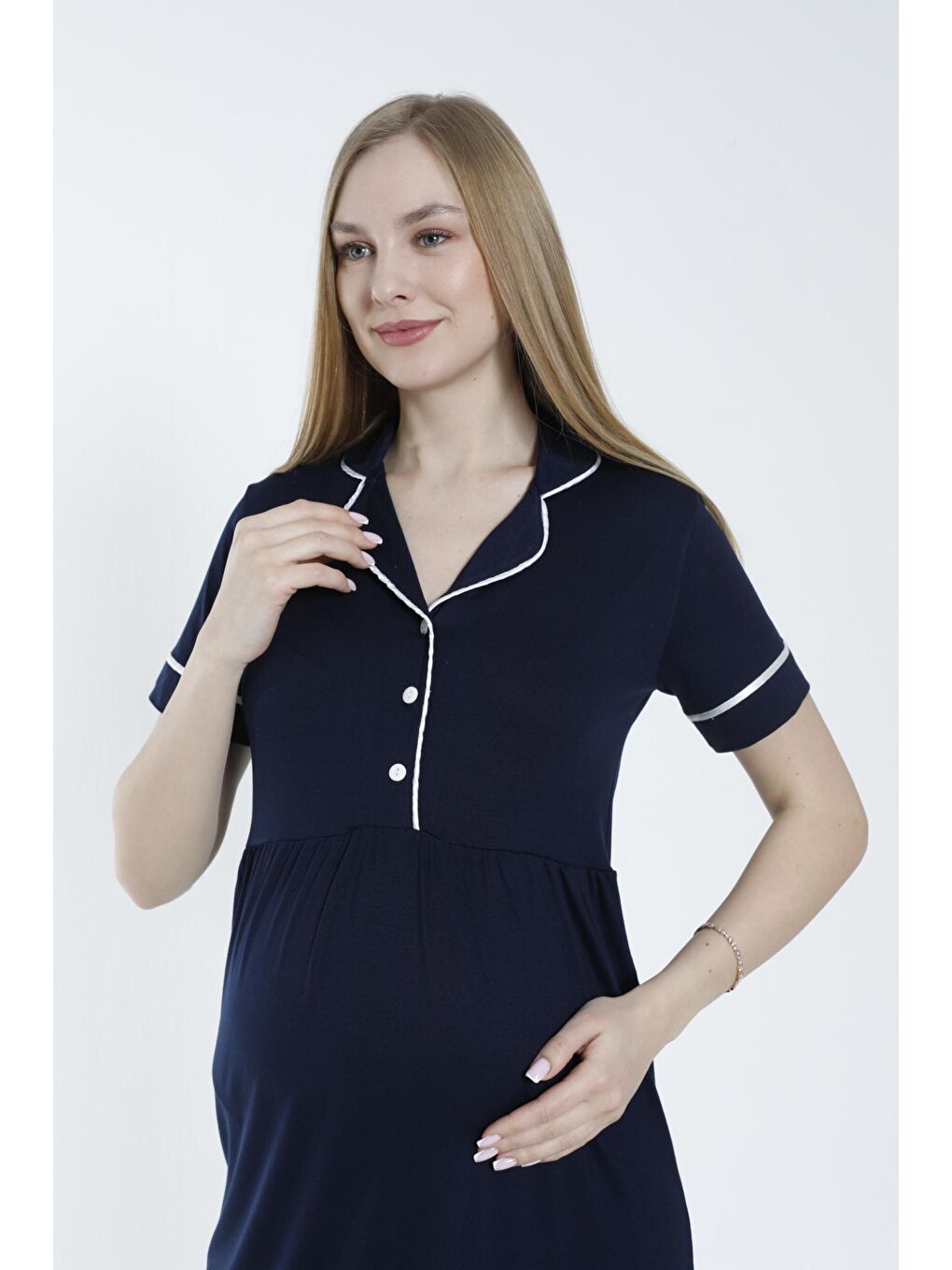 Lacivert Düğmeli Şerit Detaylı Hamile ve Lohusa Gecelik-5