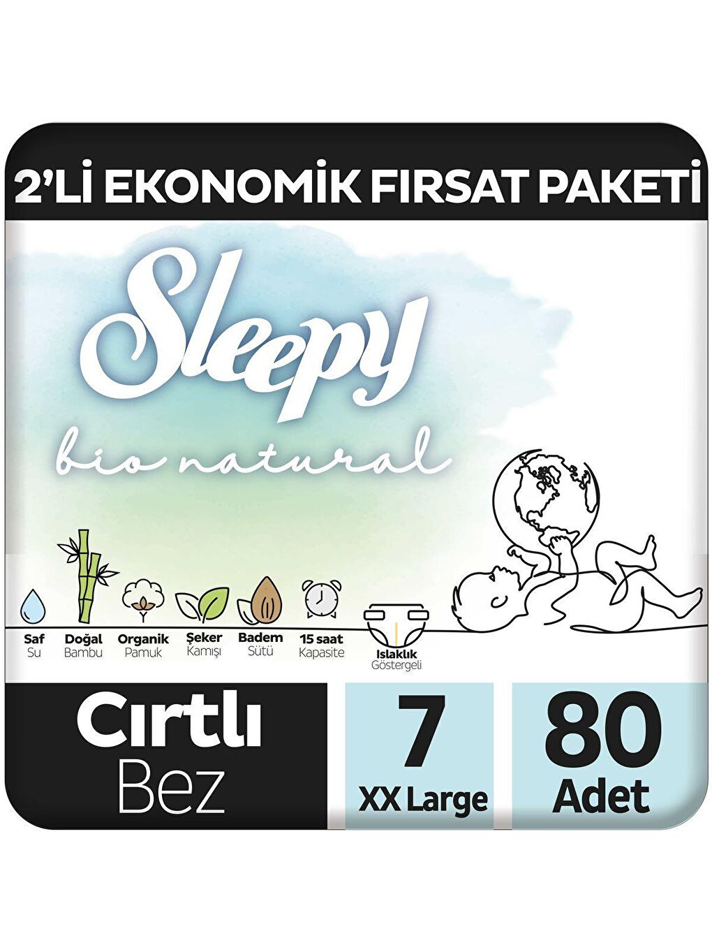 Sleepy Beyaz Bio Natural 2'li Ekonomik Fırsat Paketi Bebek Bezi 7 Numara Xxlarge 80 Adet