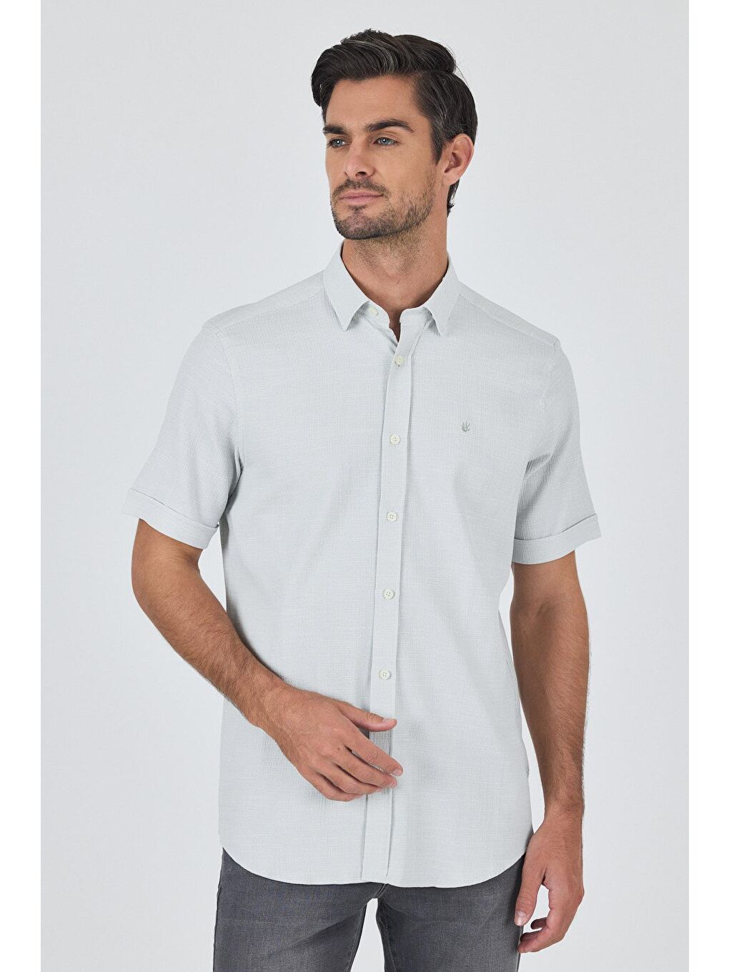 Turkuaz Su Yeşili Biritli Yaka Düz Casual Pamuklu Comfort Fit Gömlek 1004250221