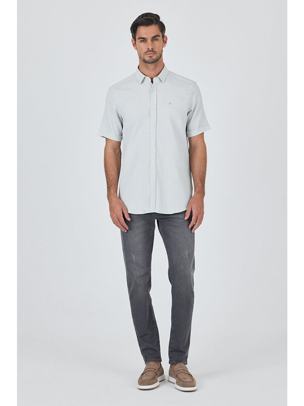 Turkuaz Su Yeşili Biritli Yaka Düz Casual Pamuklu Comfort Fit Gömlek 1004250221-1