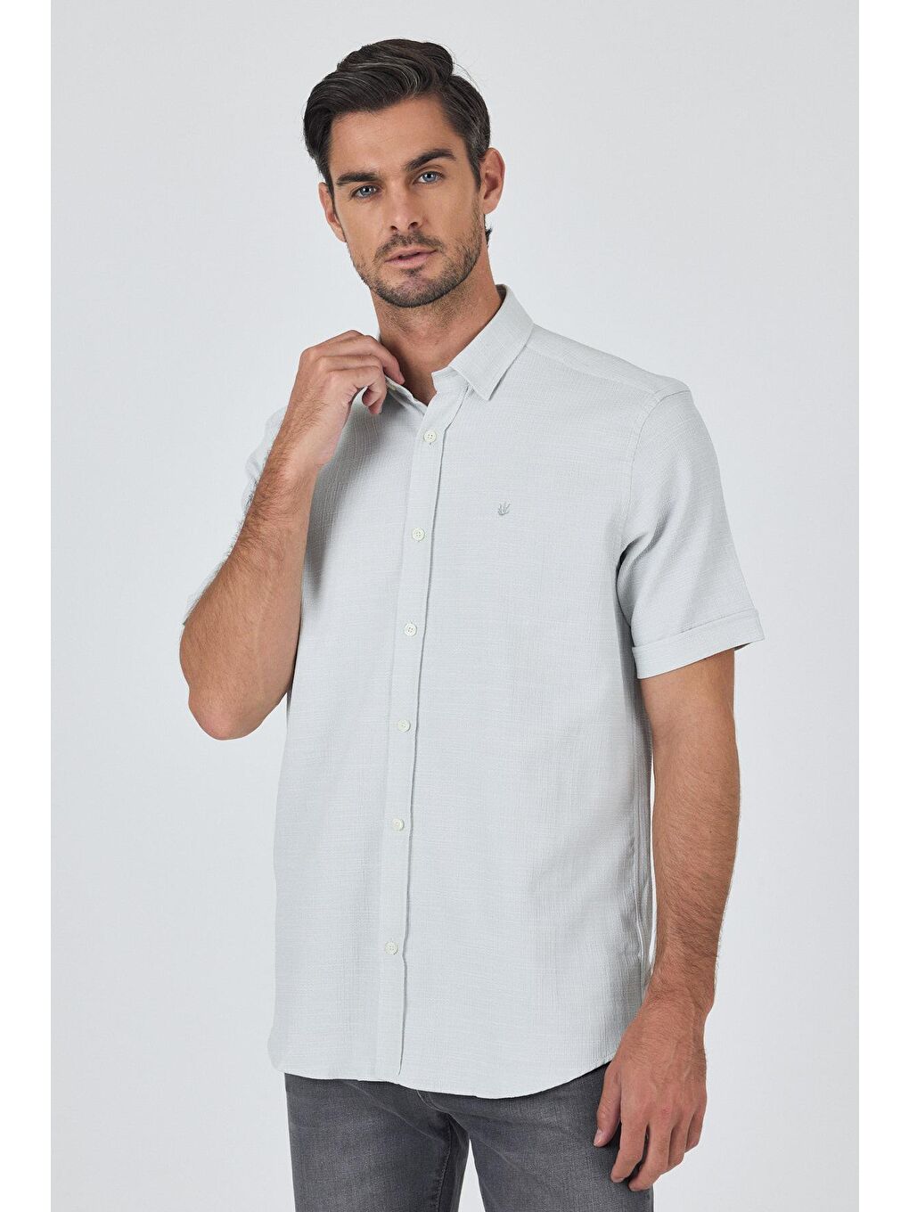 Turkuaz Su Yeşili Biritli Yaka Düz Casual Pamuklu Comfort Fit Gömlek 1004250221-2