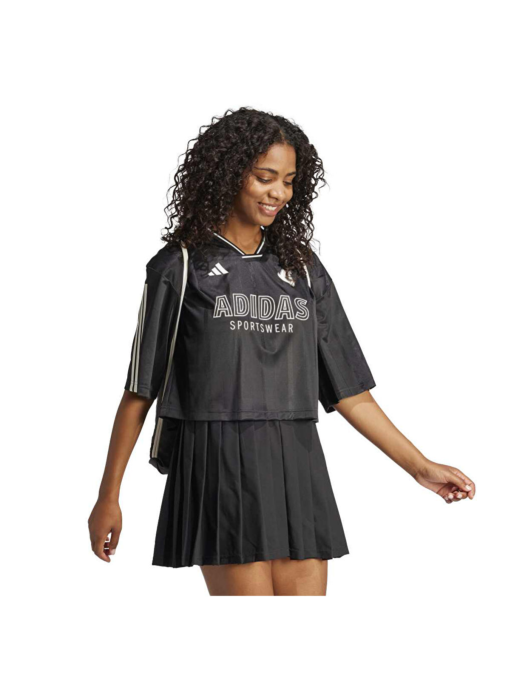 Tiro Cut 3 Stripes Oversized Jersey Kadın Siyah V Yaka Tişört-2