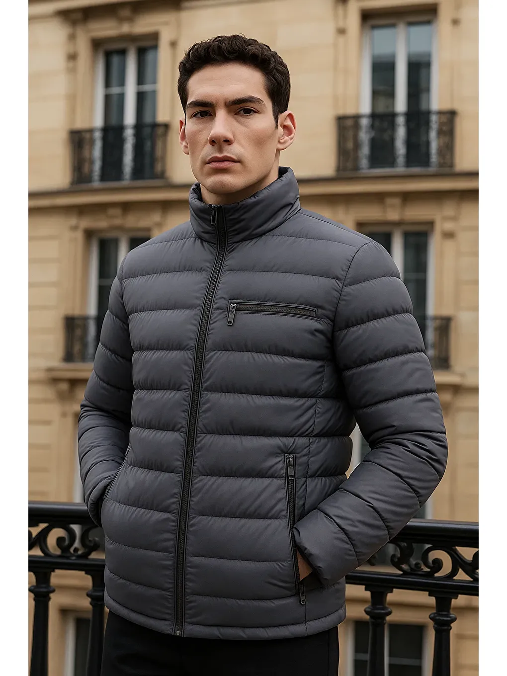 Gri Erkek Trend Basic Dik Yaka Kışlık Füme Şişme Mont