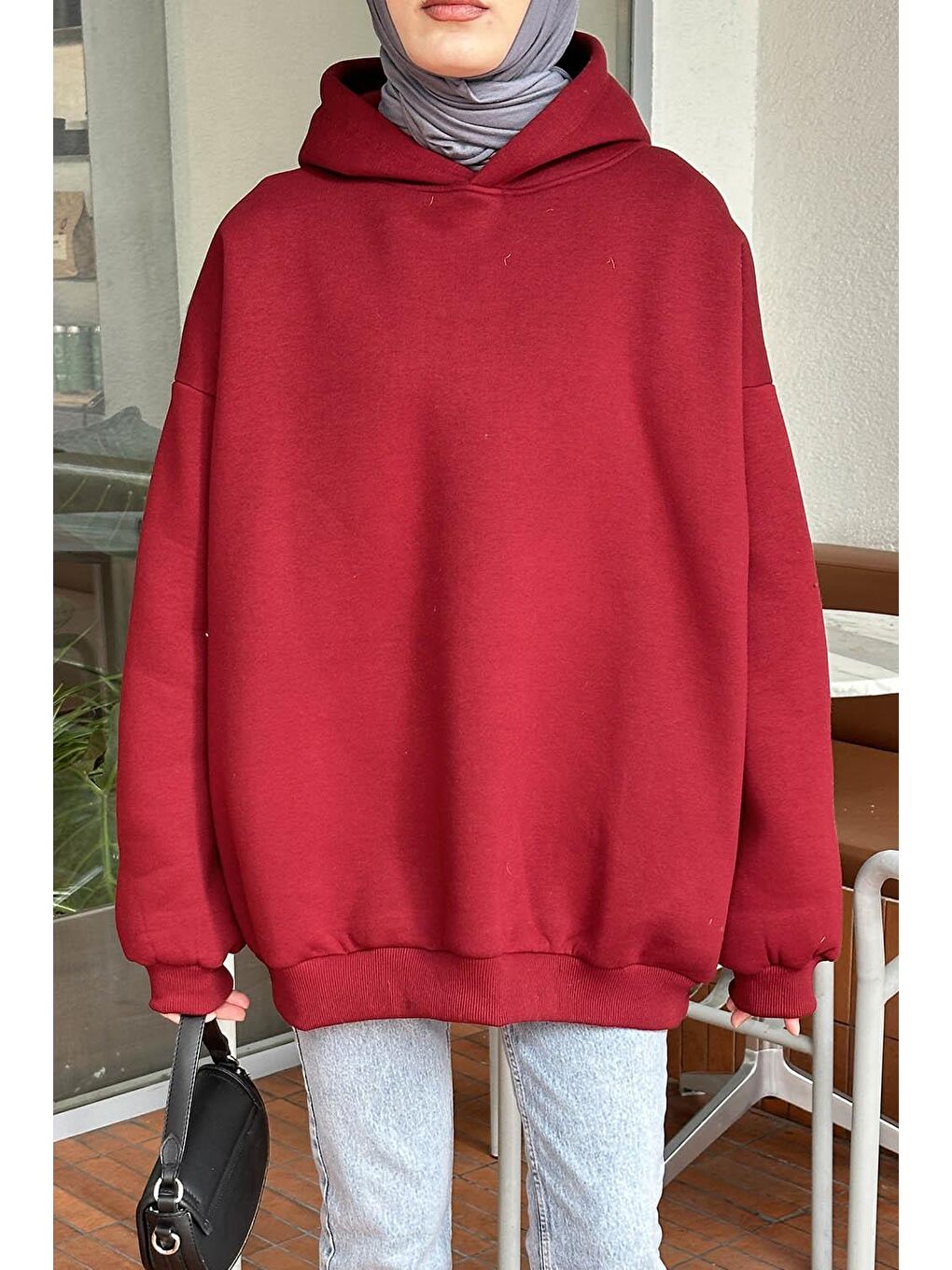 Kapüşonlu Salaş Sweatshirt Bordo-2