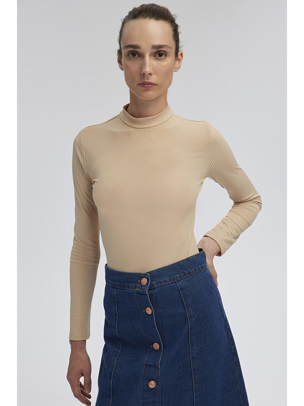 Bej DİK YAKA FİTİLLİ BODY