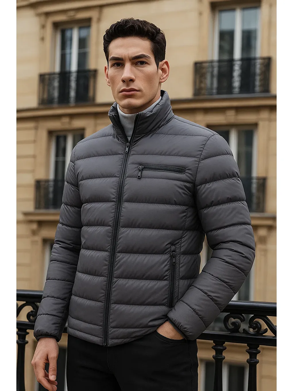 Gri Erkek Trend Basic Dik Yaka Kışlık Füme Şişme Mont-1