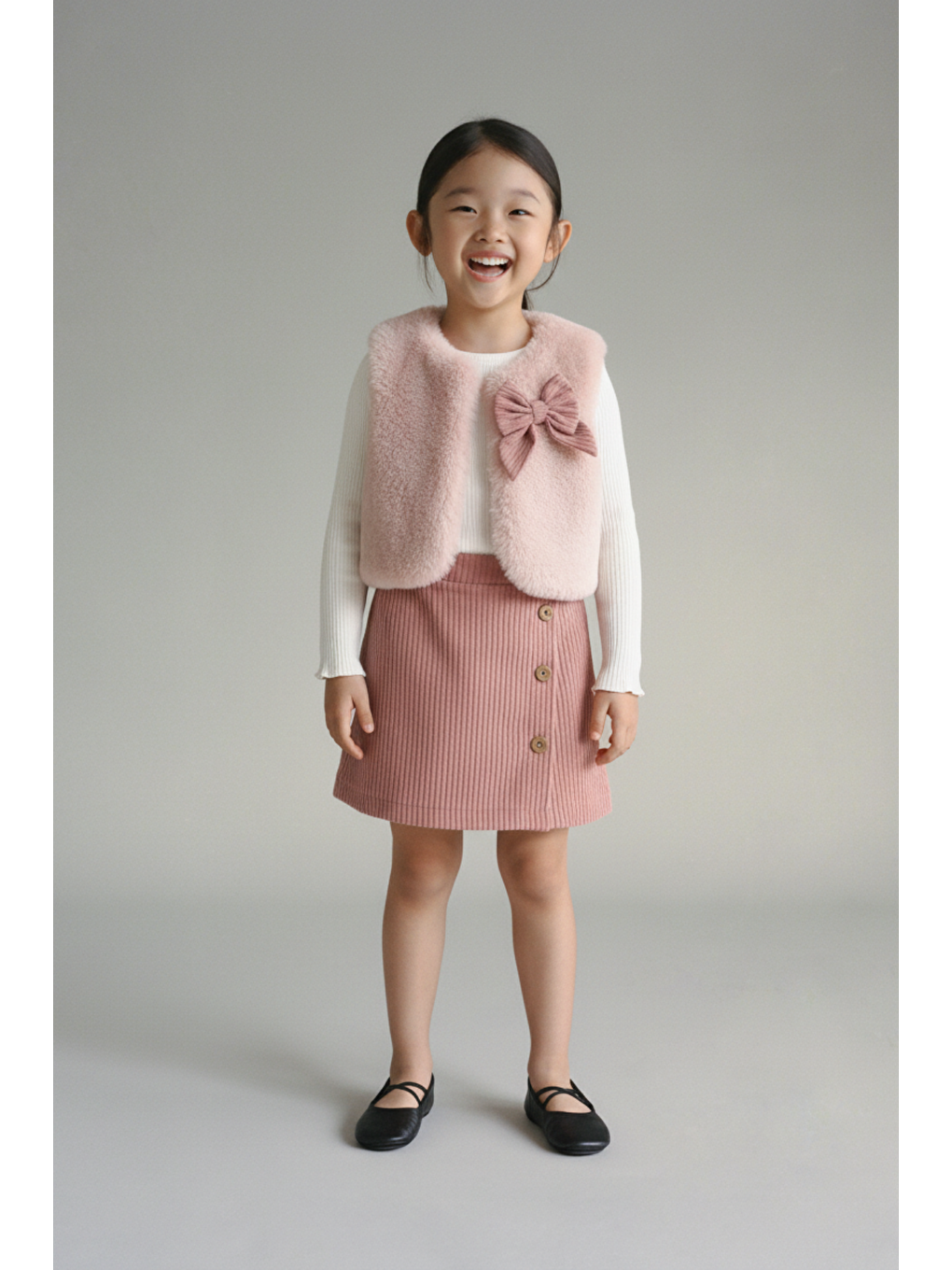 Kız Çocuk Pamuklu Pembe Fiyonklu 3'Lü Kürklü Yelekli Etekli Takım – Zarif Günlük Kombin