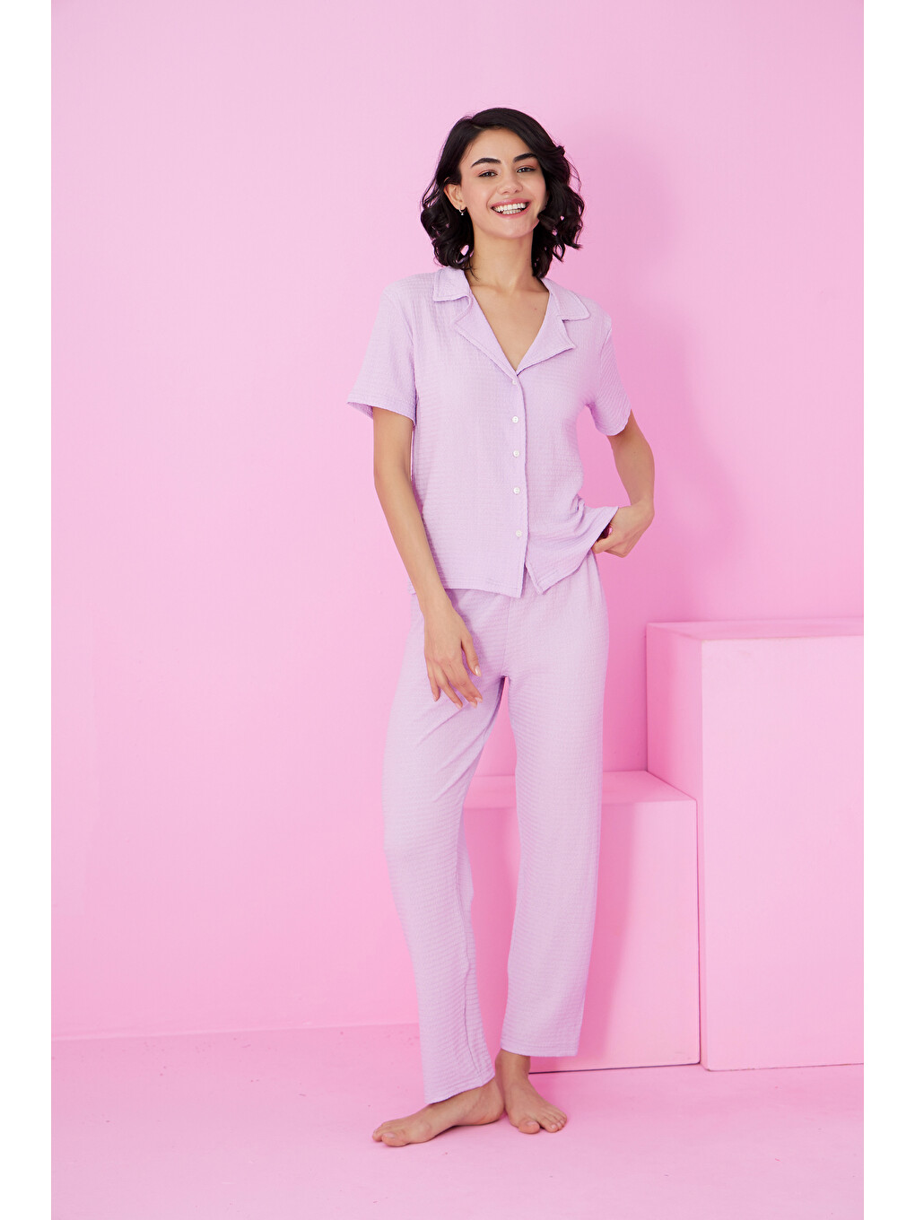 Lila Bürümcük Krınkıl Kumaş Örme Düğmeli Pijama Takım7873-1