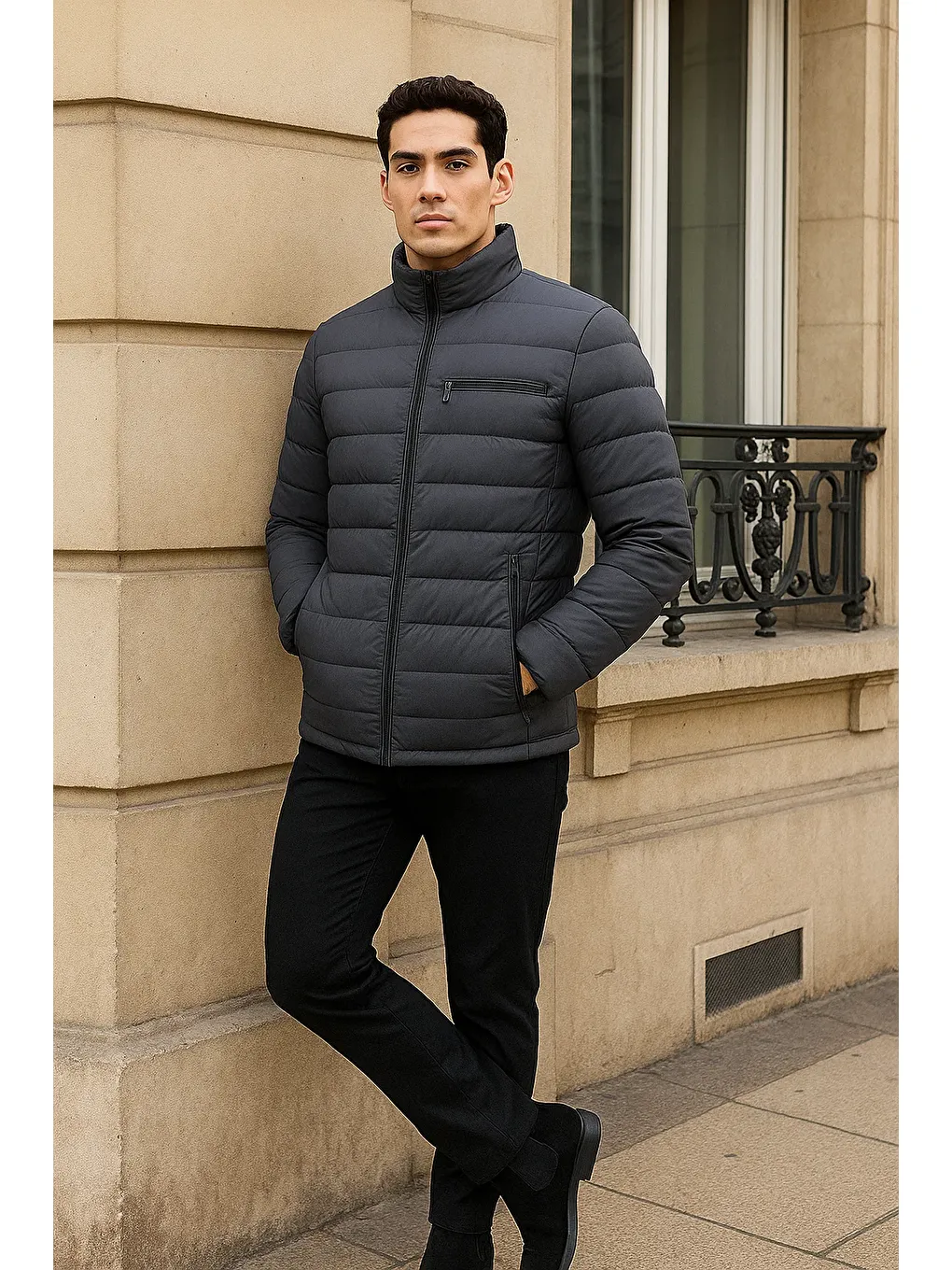 Gri Erkek Trend Basic Dik Yaka Kışlık Füme Şişme Mont-2