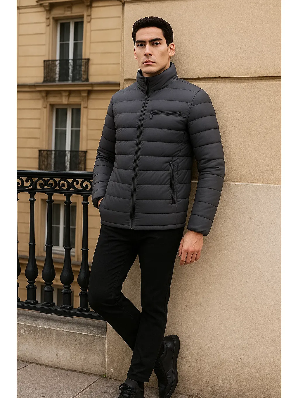 Gri Erkek Trend Basic Dik Yaka Kışlık Füme Şişme Mont-3