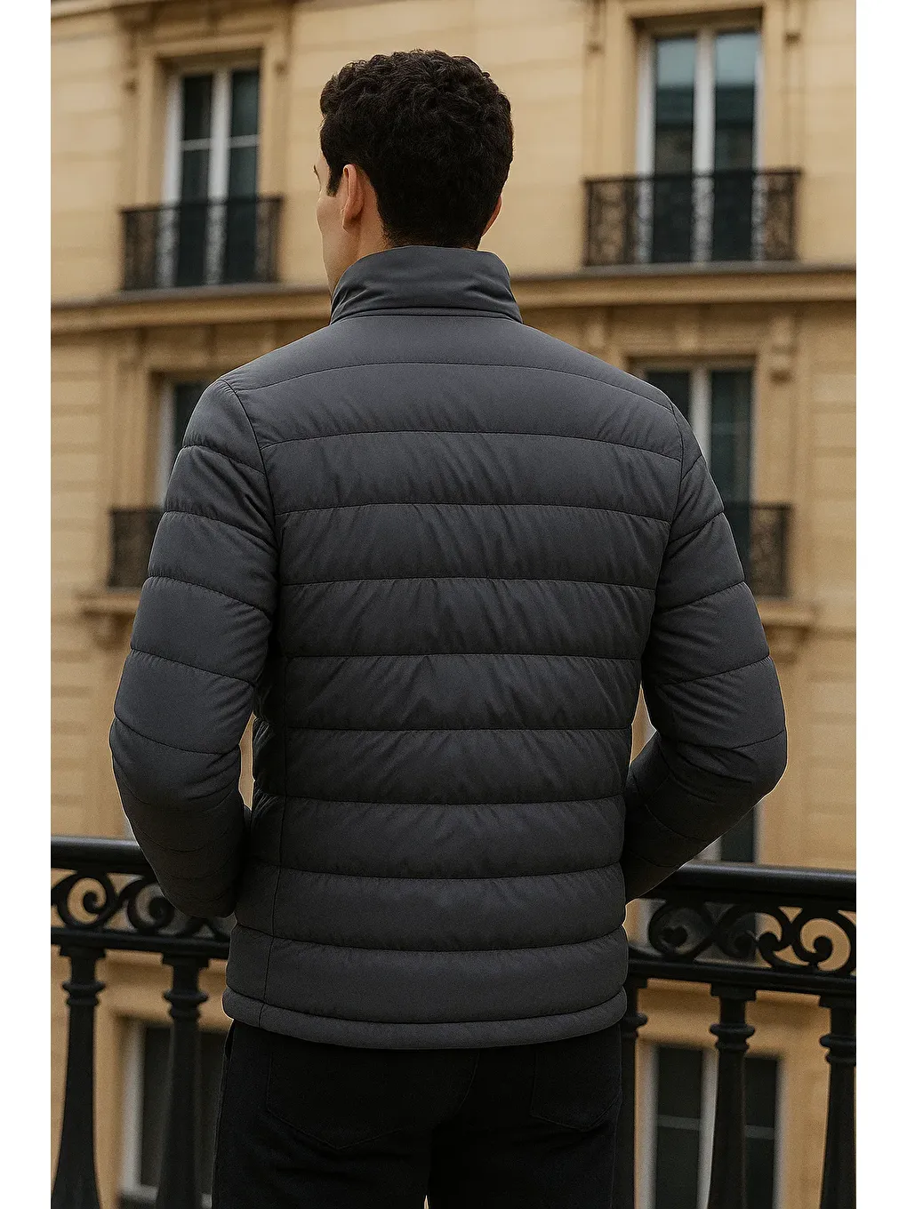 Gri Erkek Trend Basic Dik Yaka Kışlık Füme Şişme Mont-4