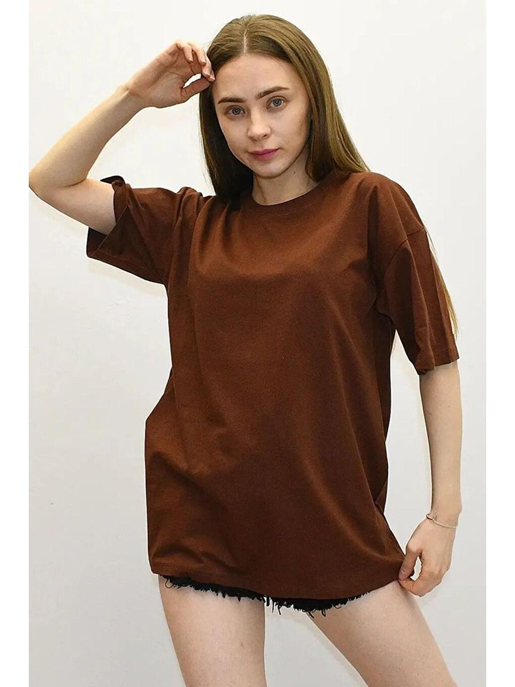 Kahverengi Arka Baskılı Oversize Kadın Tişört Mg1529