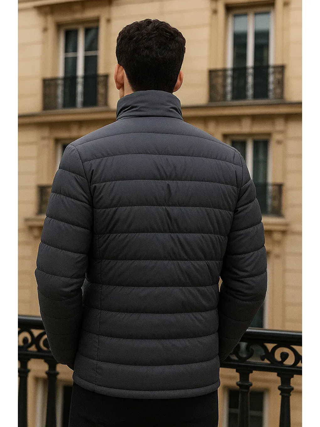 Gri Erkek Trend Basic Dik Yaka Kışlık Füme Şişme Mont-5