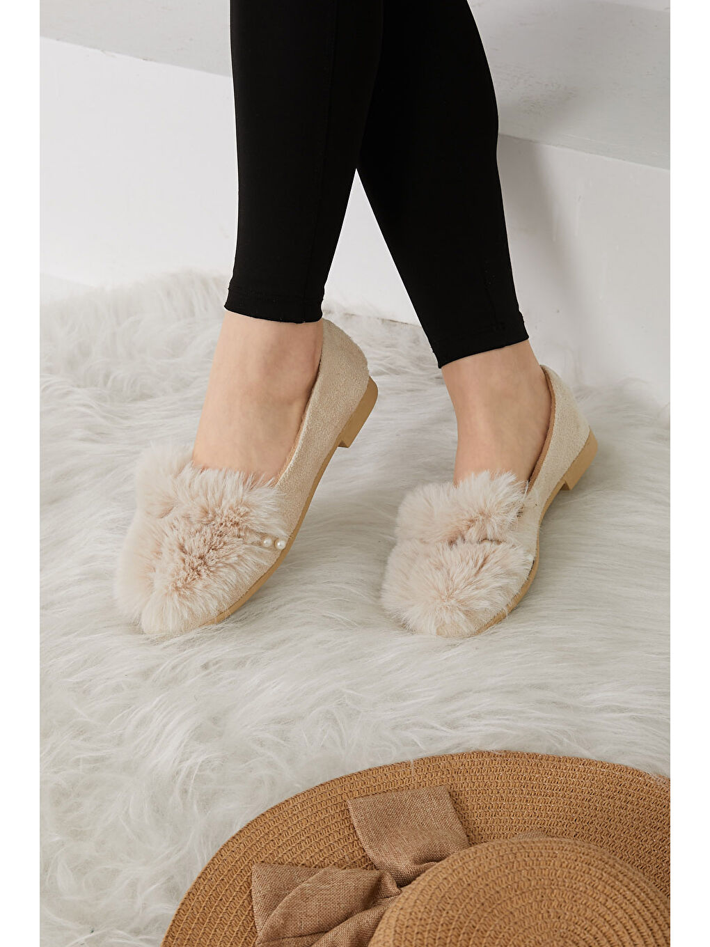 Ekru Kadın Krem İncili Tüyül Babet  - 26650-1