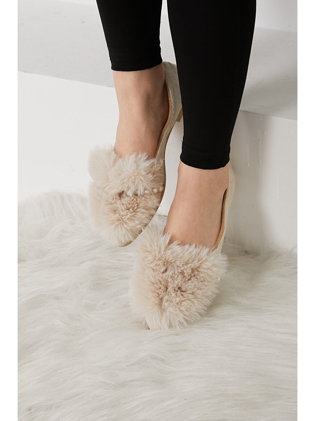 Ekru Kadın Krem İncili Tüyül Babet  - 26650-2