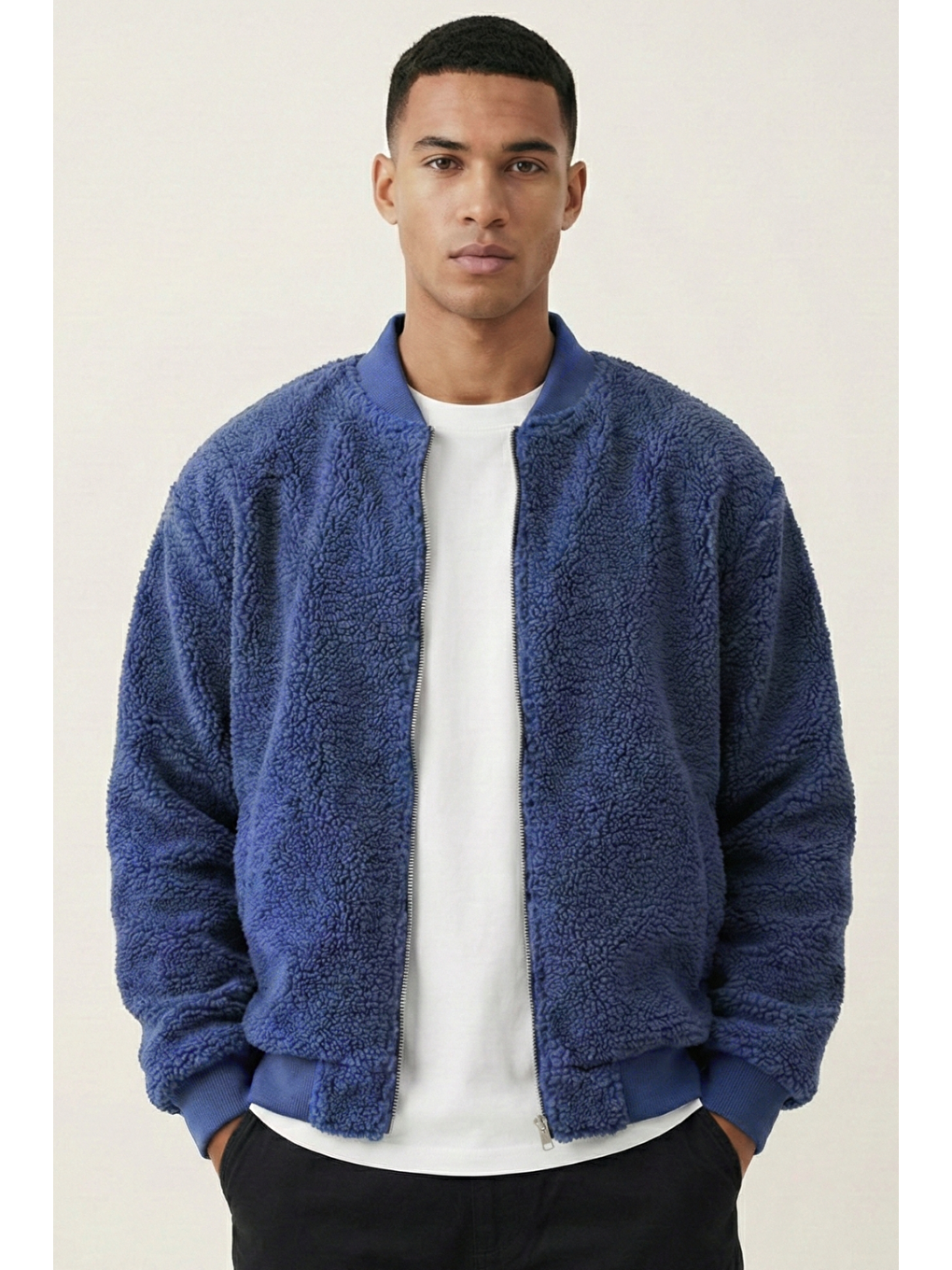 İndigo Erkek Mont Pelüş İçi Astarlı Oversize Geniş Kalıp Sherpa Kuzu Kumaş Spor Mont