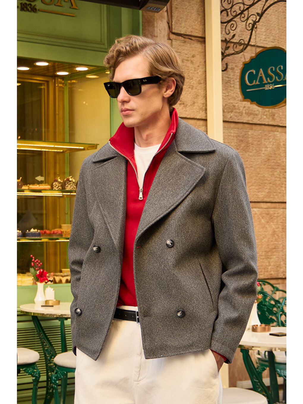 Erkek Kruvaze Kaşe Mont Ceket Gri