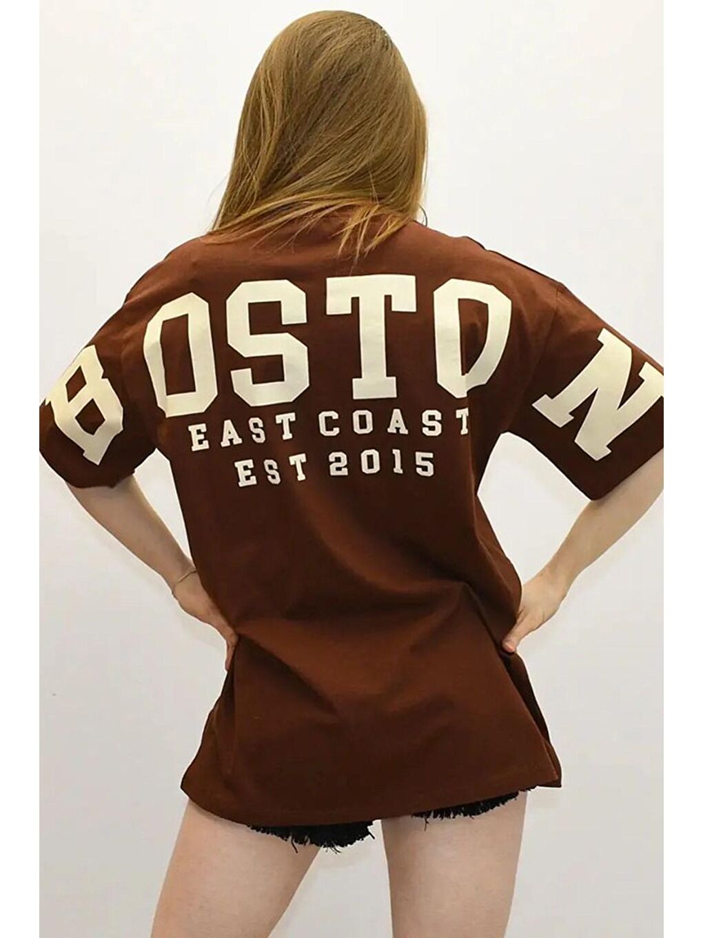 Kahverengi Arka Baskılı Oversize Kadın Tişört Mg1529-2