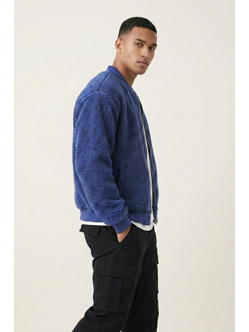 İndigo Erkek Mont Pelüş İçi Astarlı Oversize Geniş Kalıp Sherpa Kuzu Kumaş Spor Mont-2