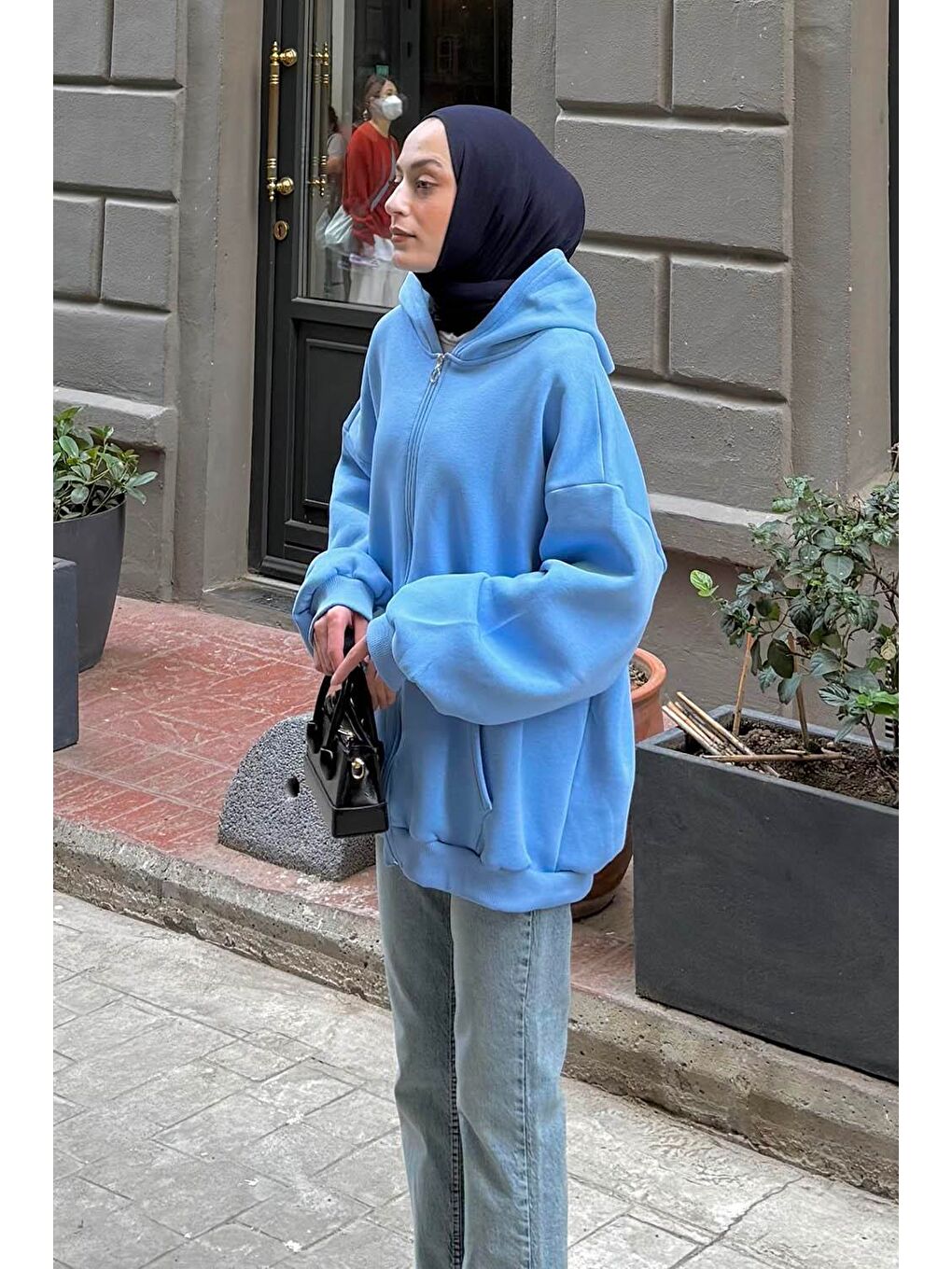 Kapüşonlu Oversize Yan Cepli Sweat Bebe Mavisi-1
